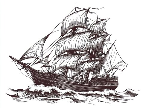 Sailing ship, ocean waves, adventure, nautical illustration, historical design