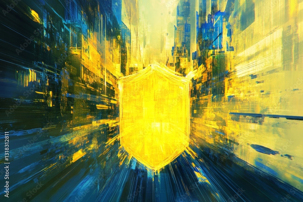 Poster this abstract image features a vibrant digital shield glowing in a futuristic cityscape. the dynamic