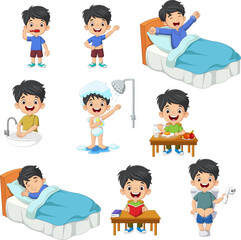 Cartoon illustration of a boy's daily routine