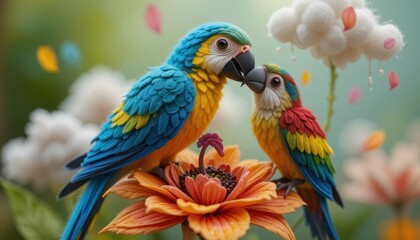 Fototapeta premium Two Adorable Macaw Parrots on a Vibrant Flower in a Whimsical Garden Setting