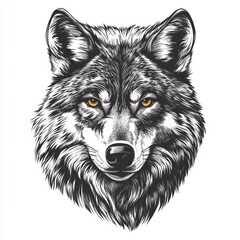 Wolf with a yellow eye and a black snout. The wolf is drawn in black and white