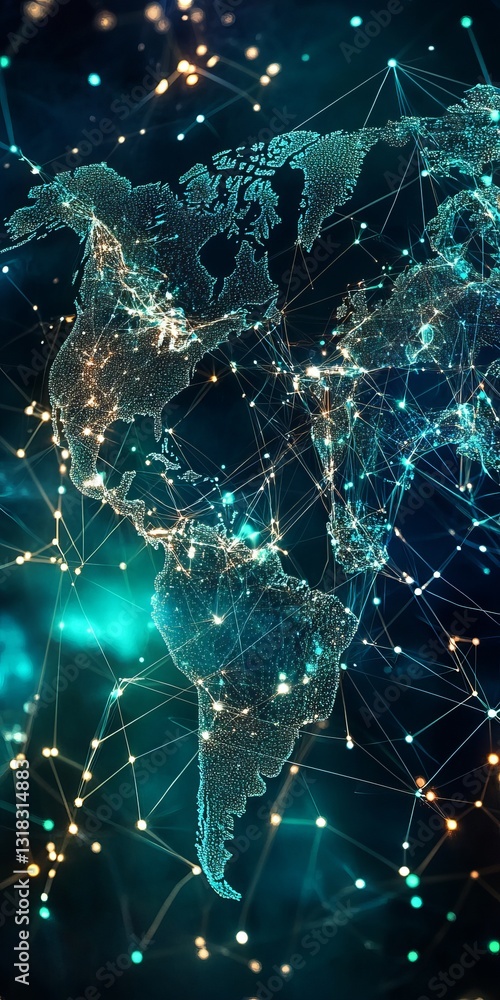 Poster stunning abstract representation of a world map highlighted by network connections and glowing light