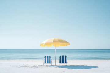 A yellow beach umbrella on a white beach with two blue and white chairs next to it with a calm sea against a clear sky
