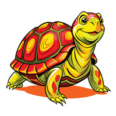 A vibrant painting of a painted turtle sunning itself on a log, showcasing its bright yellow markings against a sunny background.