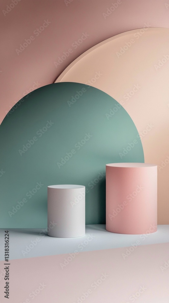 Poster soft pastel colors harmonize in a minimalist setting, featuring cylindrical forms arranged thoughtfu