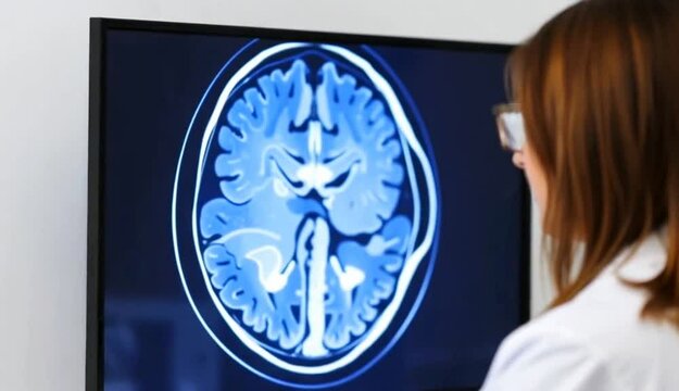 Female Neurologist, Neuroscientist, Neurosurgeon, Looks at TV Screen with MRI Scan with Brain Images