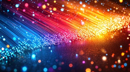 Obraz premium Colorful light strands converge, sparkling bokeh effect over dark ground