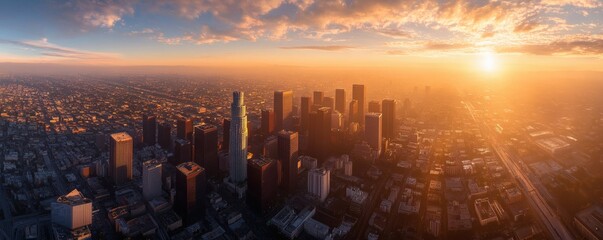 Obraz premium An aerial view of a city skyline at sunset with sun
