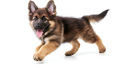 A brown and black puppy is running on a white background