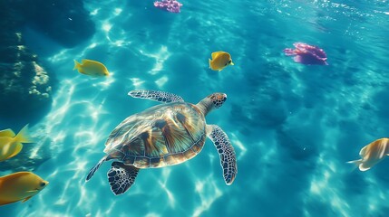 Fototapeta premium Serene turtle surrounded by fish pictures