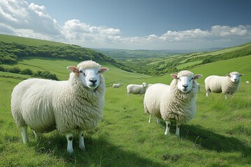 Fototapeta premium A lush green meadow filled with grazing sheep under a bright blue sky. Generative AI