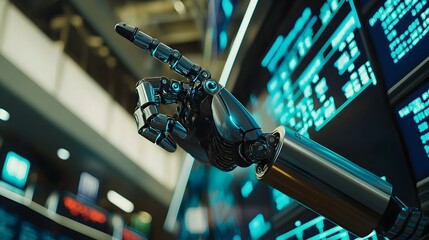 Robotic hand analyzing financial data on stock