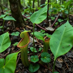 Deep green pitcher plant leaves on a forest floor, botany, carnivorous plants