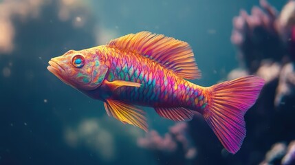 A beautiful wrasse fish with rainbow-colored scales darting playfully through the water.
