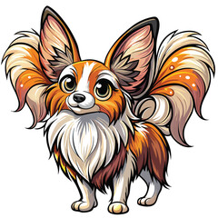 A vibrant image of a Papillon dog, showcasing its characteristic large, butterfly-like ears, in a playful pose.  Focus on the dog's exquisite features and fluffy fur.