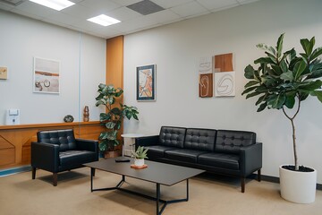 Fototapeta premium A sleek, modern waiting area features black leather seating, a coffee table, potted plants, and minimalist artwork on light walls. The space is clean, calm, and professionally designed.
