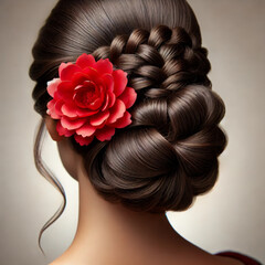Naklejka premium Elegant Updo with Braids and a Red Floral Accent