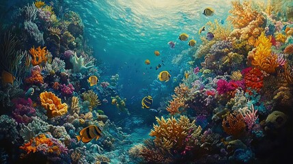 Fototapeta premium A breathtaking scene of a coral reef teeming with butterflyfish, angelfish, and wrasses in every color.