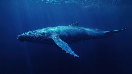 Fototapeta premium A breathtaking side profile of a blue whale, its massive form contrasting against the deep blue sea.