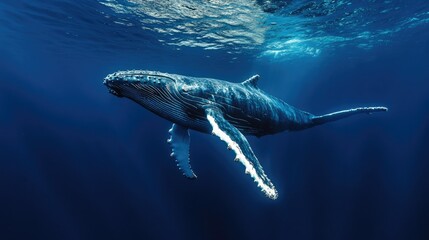 Fototapeta premium A breathtaking underwater shot of a humpback whale gliding gracefully through the deep blue sea.