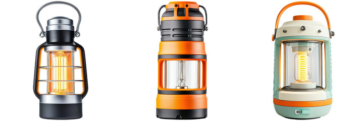 Three camping lanterns in different colors and styles. Concept of camping, outdoor, and lighting.