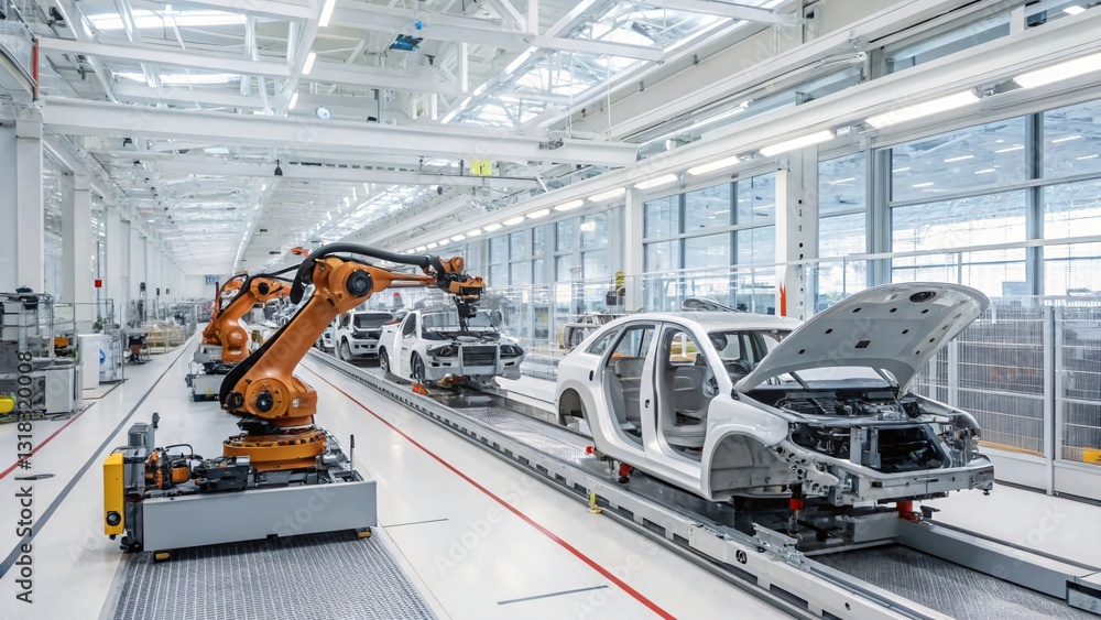 Poster automated car manufacturing assembly line with robots modern factory production