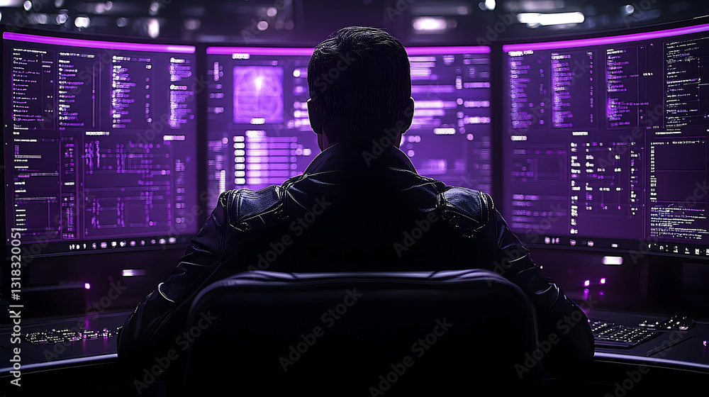 Poster a person sits before multiple computer screens displaying complex code in a dimly lit room. the scen