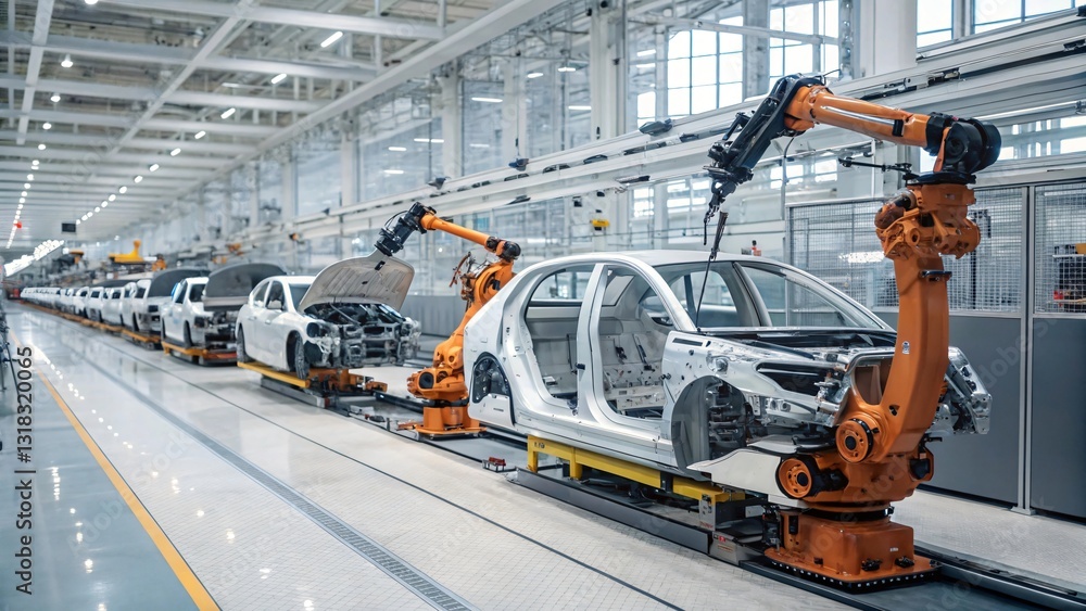 Aufkleber automated car assembly line robots building modern vehicles in factory