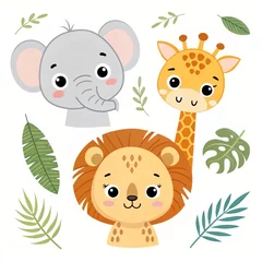 Adorable Cartoon Safari Animals Lion Elephant Giraffe with Tropical Leaves