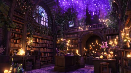 Fototapeta premium A mystical library within a castle, with levitating books, enchanted wands, and glowing potions illuminating the shelves.