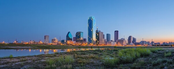 Fototapeta premium The cityscape shows buildings reflecting in calm water at dusk