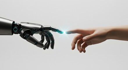 Robotic and human hands with light between