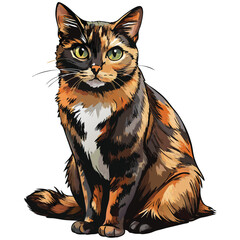 Obraz premium A majestic dark mottled tortoiseshell cat sits proudly, showcasing its striking coat pattern. The cat's posture exudes confidence and elegance.