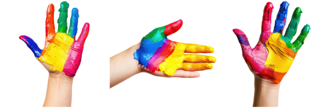 Colorful painted hands. Concept of creativity, diversity, art, and childhood.