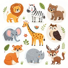 Adorable Cartoon Animals Set Lion Zebra Bear Giraffe Elephant Owl Fox Rhino Deer Jungle Wildlife