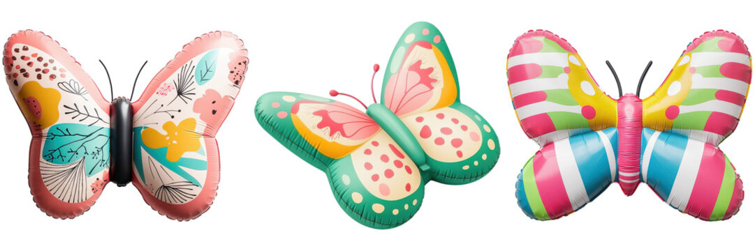 Three butterfly balloons with different patterns and colors. Concept of party, decoration, and celebration.