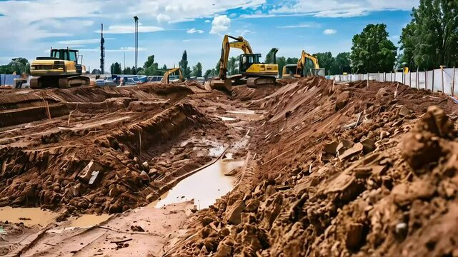 Excavators dig foundation trench, construction site