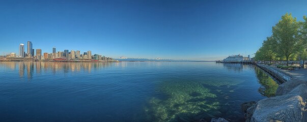 Obraz premium City Skyline View From Across Calm Water On A Sunny Day