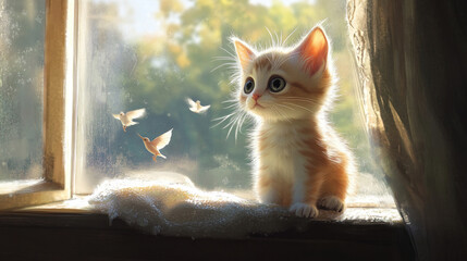 Orange kitten watching birds outside from a sunlit window