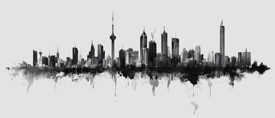 Obraz premium Monochrome Cityscape Watercolor Skyline Illustration 