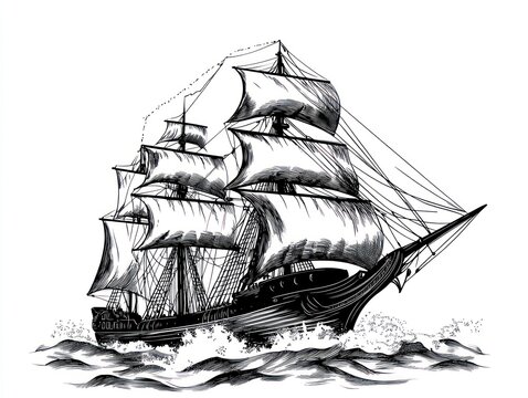 Sailing ship ocean waves vintage art illustration