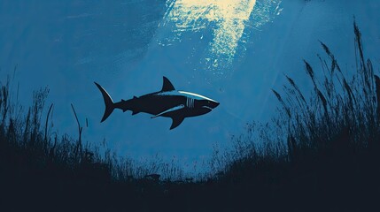 Obraz premium A lone great white shark gliding effortlessly through the deep blue ocean, its silhouette casting a shadow.