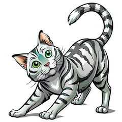 A stunning silver tabby cat, showcasing a bright, gleaming silver coat, stretches luxuriously.  Capture the sleek muscles and elegant posture.
