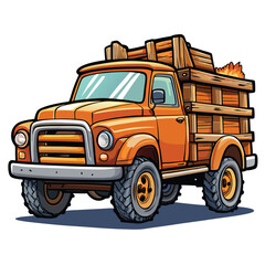 A rugged off-road pickup truck with oversized tires, carrying a wooden cargo box in a scenic, dusty landscape.