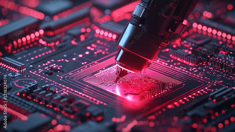 Aufkleber high tech circuit board manufacturing precision robotic arm assembling microchip
