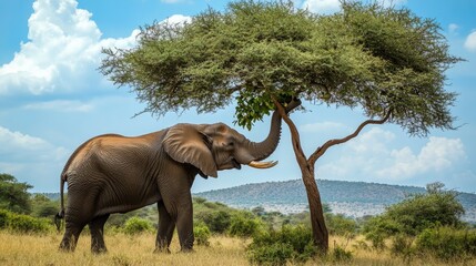 Obraz premium A massive elephant using its trunk to pull leaves from a tall tree, feeding in its natural habitat.