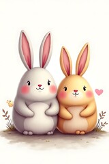 Fototapeta premium Adorable rabbit pair whimsical scene digital art soft colors cute design family concept