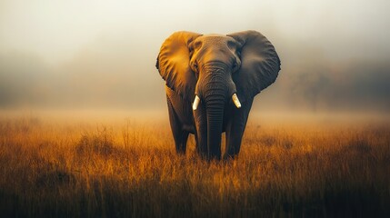 Obraz premium A massive elephant with long tusks standing alone on a foggy morning, surrounded by the untouched beauty of nature.