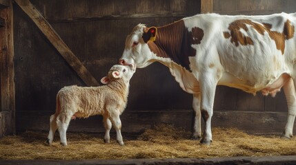 Fototapeta premium A mother cow licking her newborn calf clean while the calf takes its first steps inside a warm barn with hay-covered floors.
