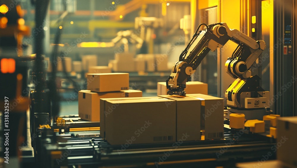 Poster automated warehouse robotics robotic arm sorting cardboard boxes on conveyor belt